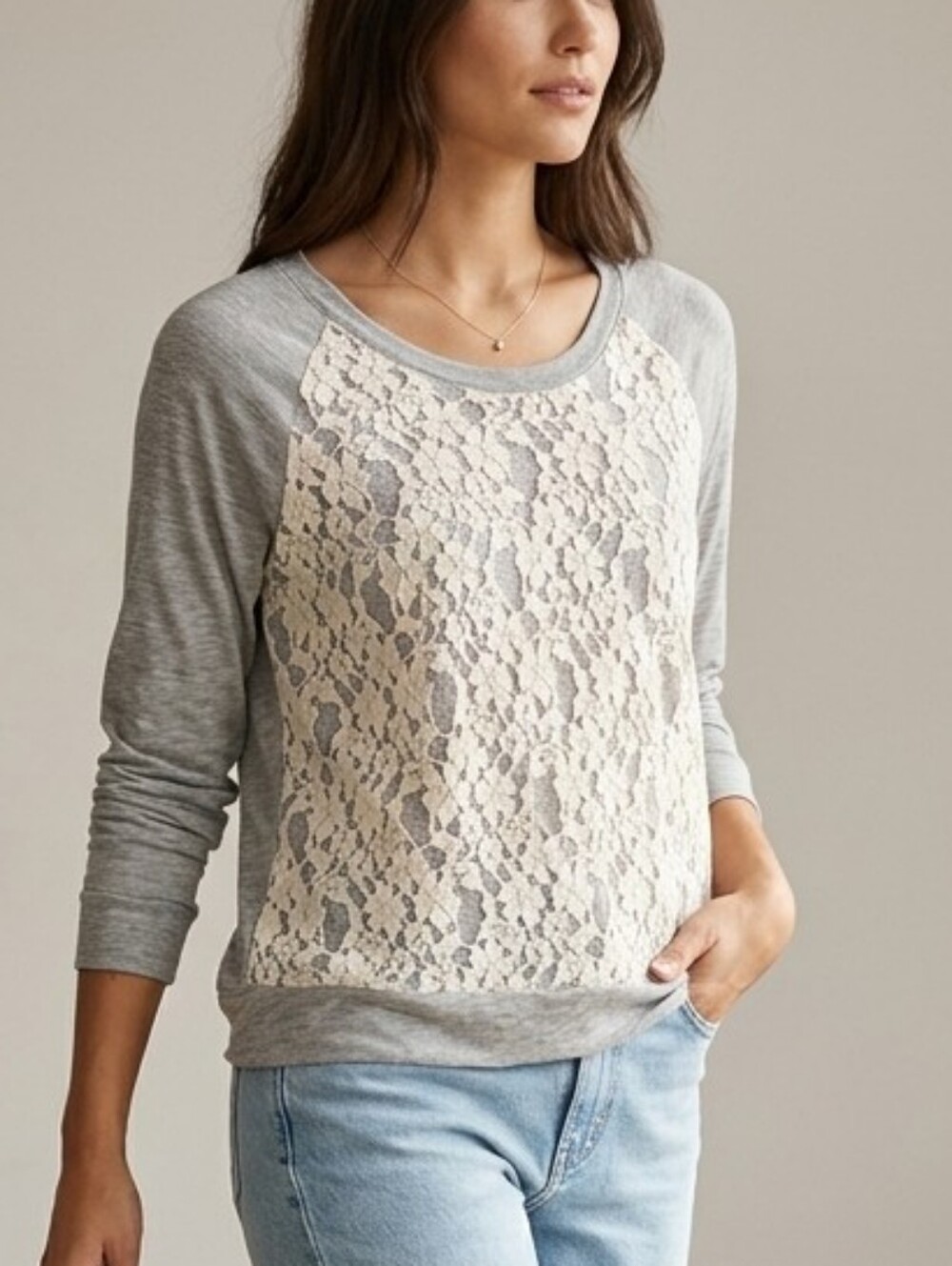 Cha Cha Vente Grey Lace Panel Raglan Boho Top Med